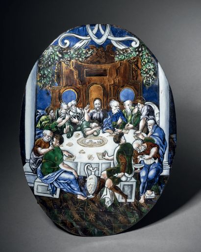 Domed oval plaque in painted polychrome enamel...