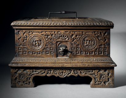 Rare small carved oak chest by a master carpenter,...