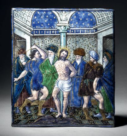 Polychrome painted enamel plaque with gold...
