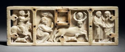 Front panel of a deeply carved ivory box...