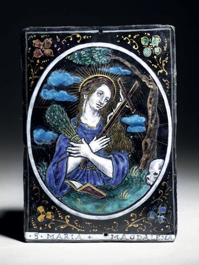 Polychrome painted enamel plaque with gold...