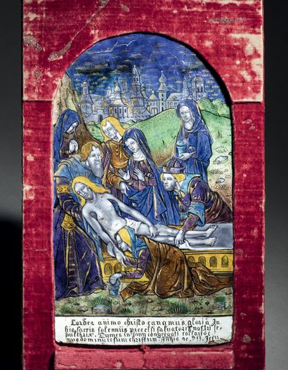 Large curved plaque in painted polychrome...