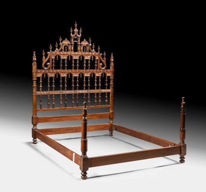 Indo-Portuguese cathedral bed in carved wood...