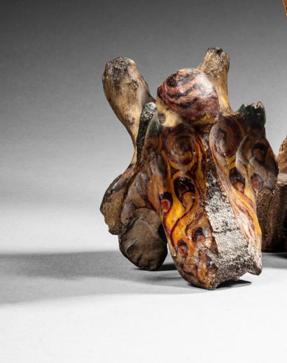 Painted horse vertebra, depicting preacher...