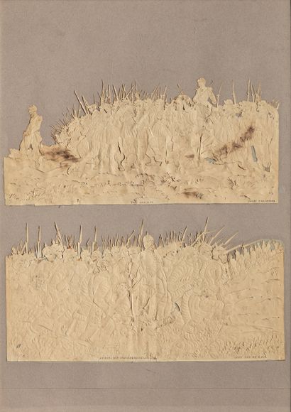 Two military scenes in cut and picoté paper...