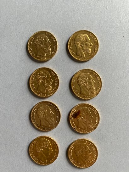 8 pieces of 20 F gold, Leopold I (1) and...