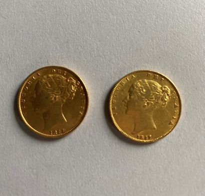 2 coins of 1 sovereign gold, Victoria bareheaded,...