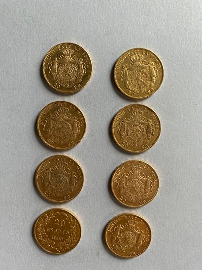 8 pieces of 20 F gold, Leopold I (1) and...