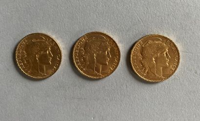 3 coins of 20 F gold with Rooster 1904; 1907;...