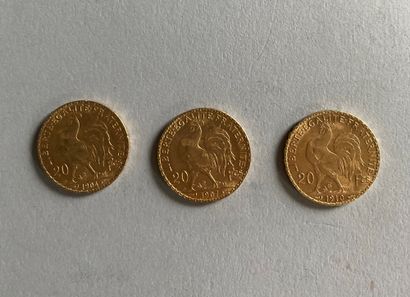 3 coins of 20 F gold with Rooster 1904; 1907;...