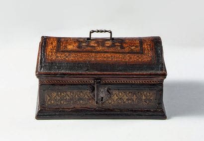 Box with domed lid, wooden core covered with...