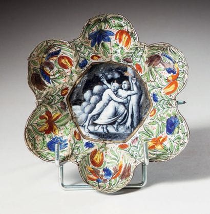Polylobed dish in painted polychrome enamel...