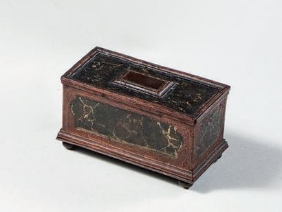 Polychromed iron box imitating marble, lock...