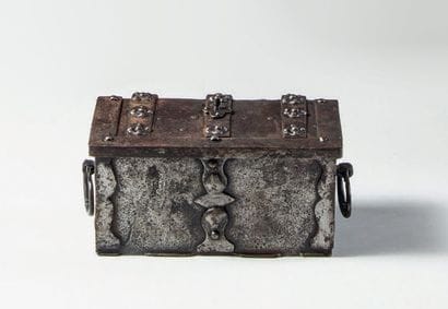 Small iron case, hinges decorated with rosette...