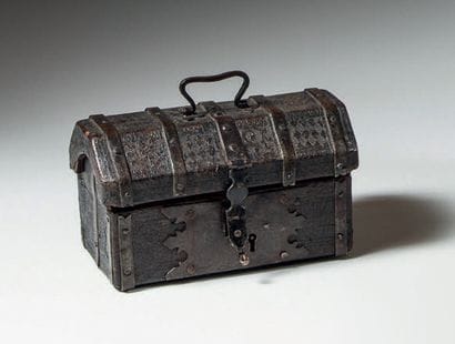 Small box with flanged lid, wooden core covered...