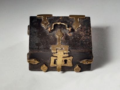 Small iron box with hinges, top handle and...