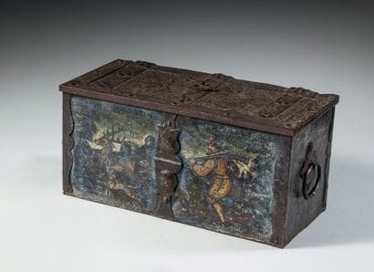 Iron box with polychrome painted decoration...