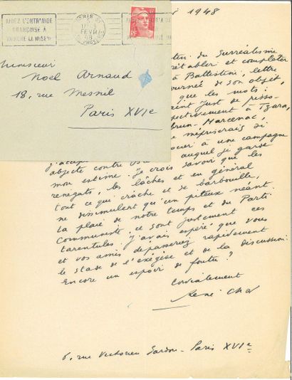 CHAR René.
LETTRE AUTOGRAPHE SIGNÉE à Noël...