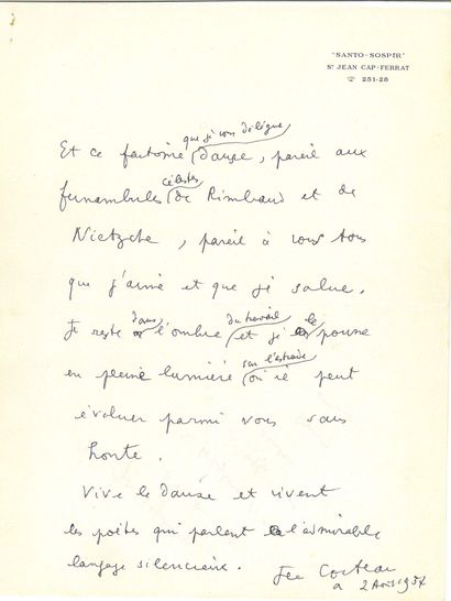 COCTEAU Jean.
LETTRE AUTOGRAPHE SIGNÉE sur...