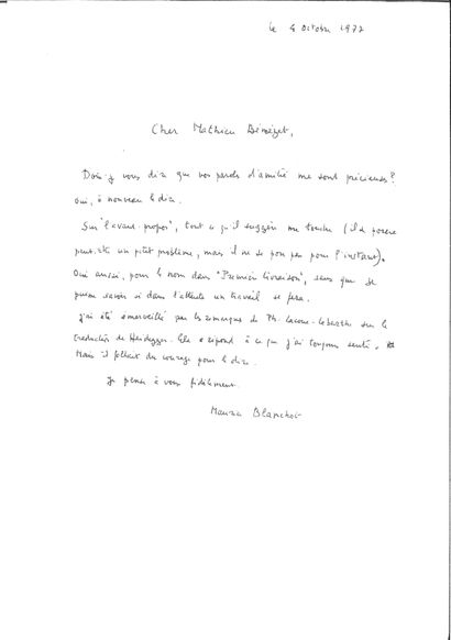 BLANCHOT Maurice.
19 AUTOGRAPH LETTERS SIGNED...
