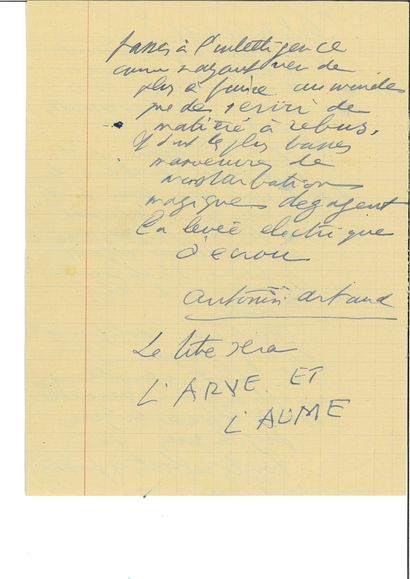 ARTAUD Antonin.
L'ARVE ET L'AUME. DODU MAFFLU....