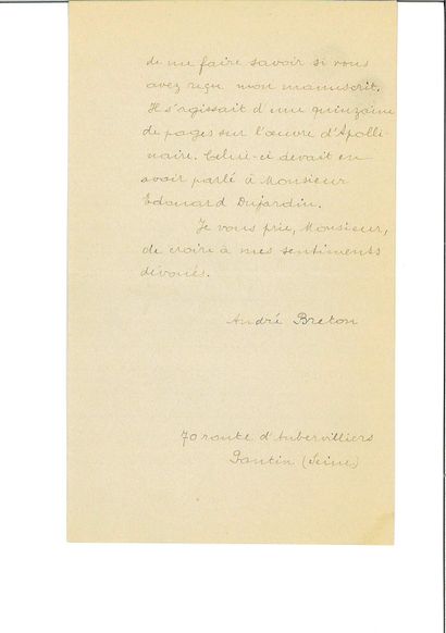 BRETON André.
AUTOGRAPHIC LETTER SIGNED to...