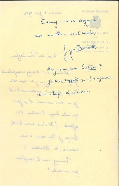 BATAILLE Georges.
2 AUTOGRAPH LETTERS SIGNED...