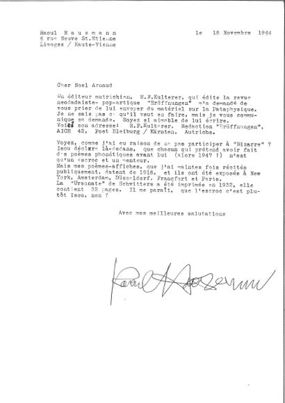 HAUSMANN Raoul.
TAPUSCRITE LETTER SIGNED...