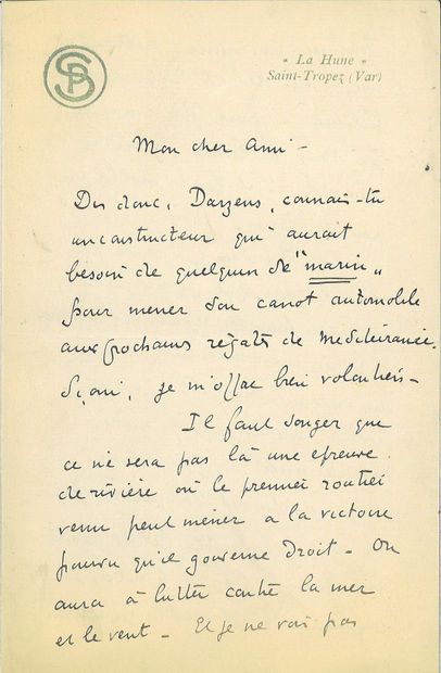 SIGNAC Paul.
AUTOGRAPH LETTER SIGNED to Rodolphe...