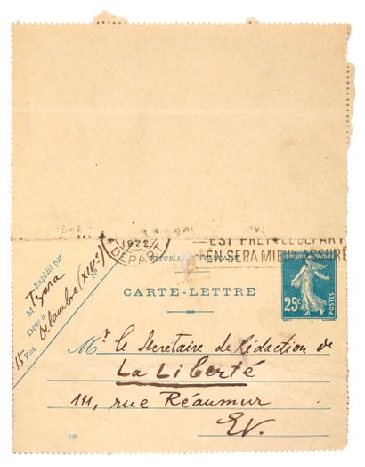 TZARA Tristan.
AUTOGRAPHIC CARD-LETTER SIGNED...