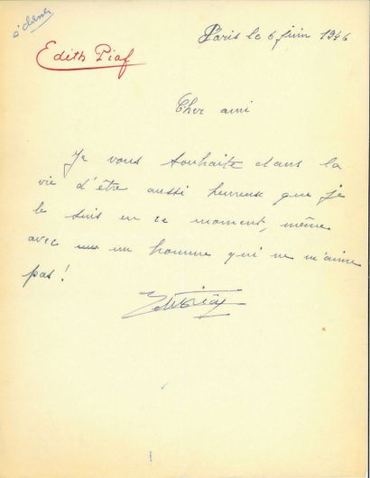 PIAF Edith.
AUTOGRAPH LETTER SIGNED. Paris,...