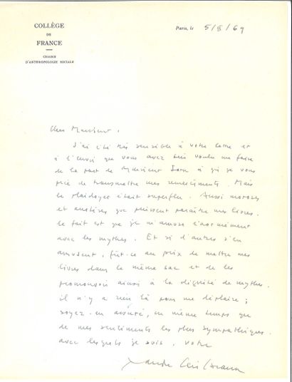 LEVI-STRAUSS Claude.
2 AUTOGRAPH LETTERS...