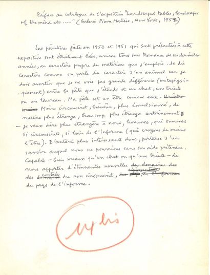 DUBUFFET Jean.
PREFACE TO THE EXHIBITION...