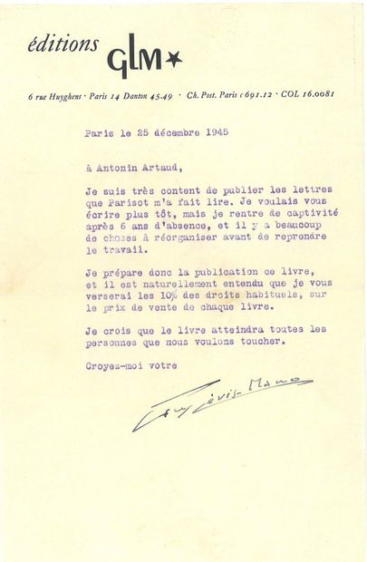ARTAUD Antonin.
AUTOGRAPH LETTER SIGNED to...
