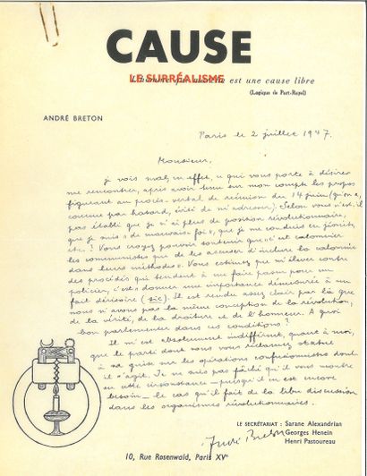 BRETON André.
AUTOGRAPH LETTER SIGNED to...
