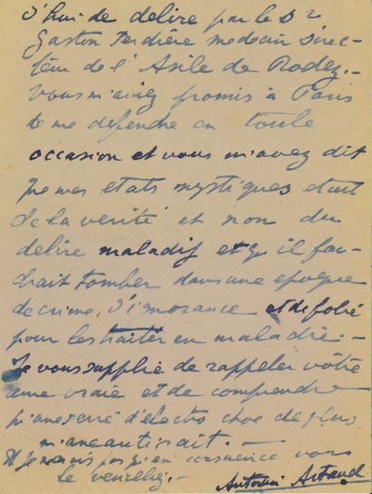ARTAUD Antonin.
AUTOGRAPHIC LETTER SIGNED...