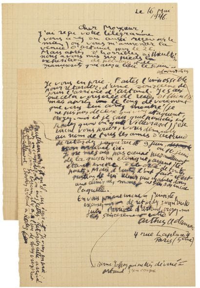 ADAMOV Arthur.
AUTOGRAPH LETTER SIGNED to...
