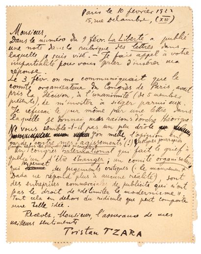 TZARA Tristan.
AUTOGRAPHIC CARD-LETTER SIGNED...