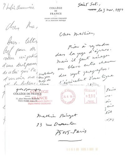 BONNEFOY Yves.
5 AUTOGRAPH LETTERS SIGNED...