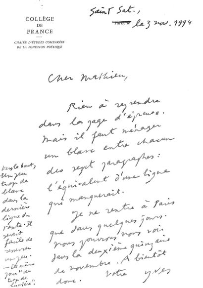 BONNEFOY Yves.
5 AUTOGRAPH LETTERS SIGNED...