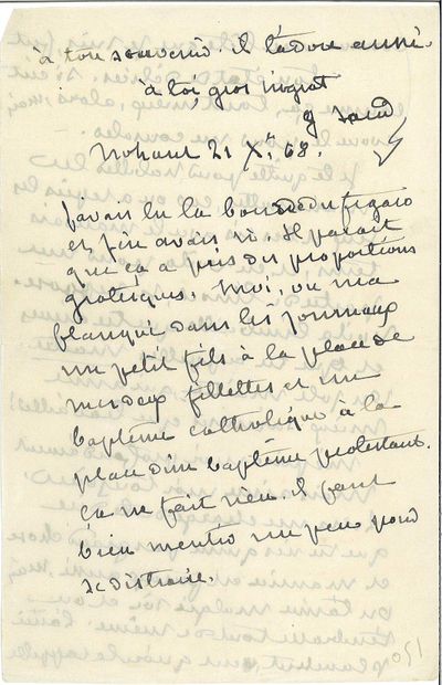 SAND George.
LETTRE AUTOGRAPHE SIGNÉE À Gustave...