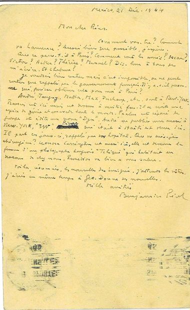 PÉRET Benjamin.
AUTOGRAPHIC LETTER CARD SIGNED...