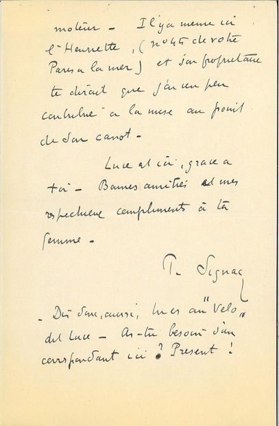 SIGNAC Paul.
AUTOGRAPH LETTER SIGNED to Rodolphe...