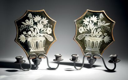 Pair of two-light engraved glass and eglomisé...