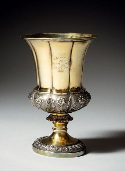 Medici-shaped chased goblet in vermeil and...
