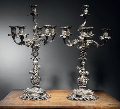 Pair of silver-plated bronze candelabras...