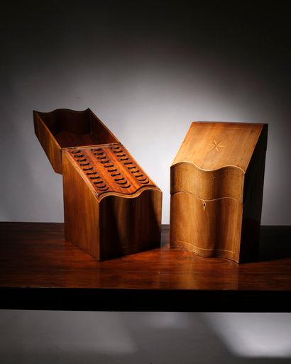 Pair of cutlery cases in mahogany with light...