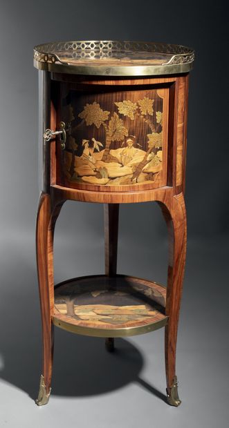 Wooden tambour table in veneer and marquetry...