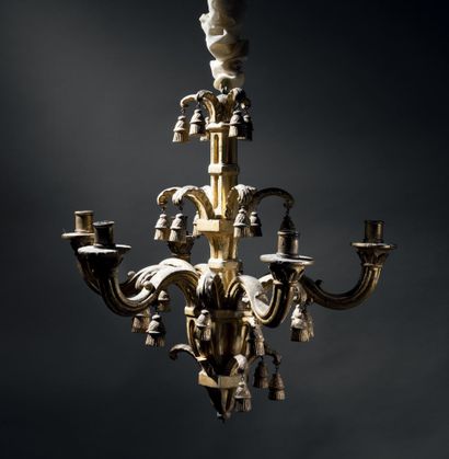 Molded, carved and gilded five-arm chandelier....