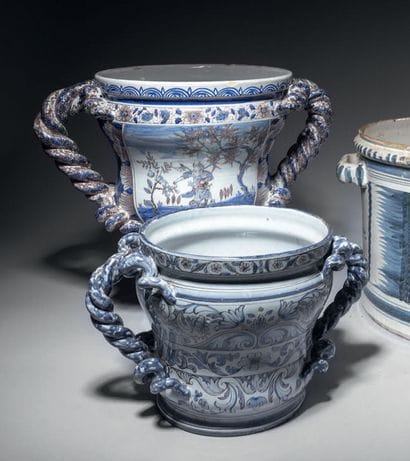 Nevers
Two earthenware planters with blue...